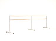2 x 6ft ballet barres with extender Two six-foot freestanding double ballet barres connected in a row with an extension bracket.
